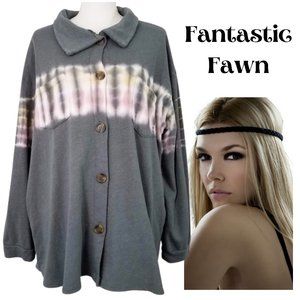 FANTASTIC FAWN Gray Oversized Button Sweatshirt Top w/Pockets - Women's Medium
